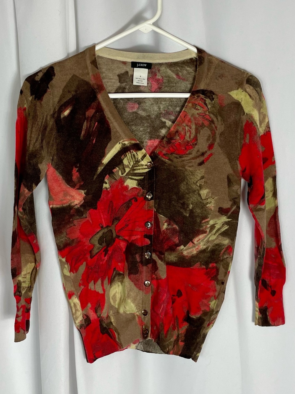 J. Crew Wool Abstract Print Cardigan in Brown, Red, and Olive